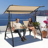 Side view of the 2-seat outdoor cushioned porch swing showcasing the adjustable canopy and built-in tempered glass.