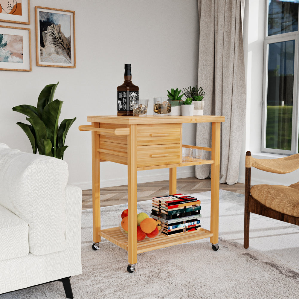 Bamboo kitchen trolley cart with two drawers and open shelves, perfect for food prep and storage in any home.