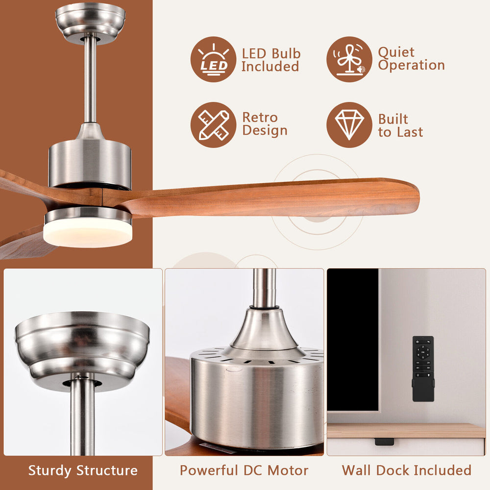 52-inch reversible ceiling fan with LED light, silver finish, remote control, and quiet operation for year-round.