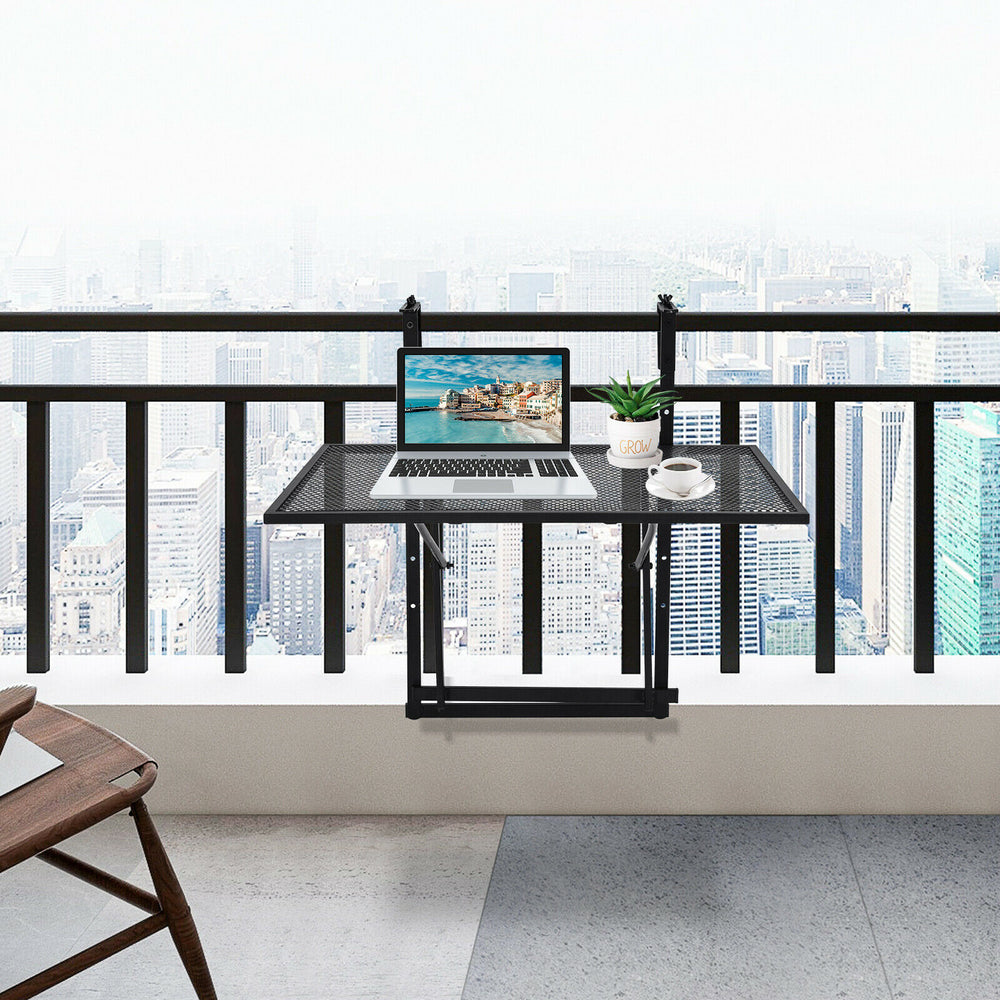 Railing folding table with adjustable heights, perfect for balconies, featuring a sturdy iron design for versatile use.