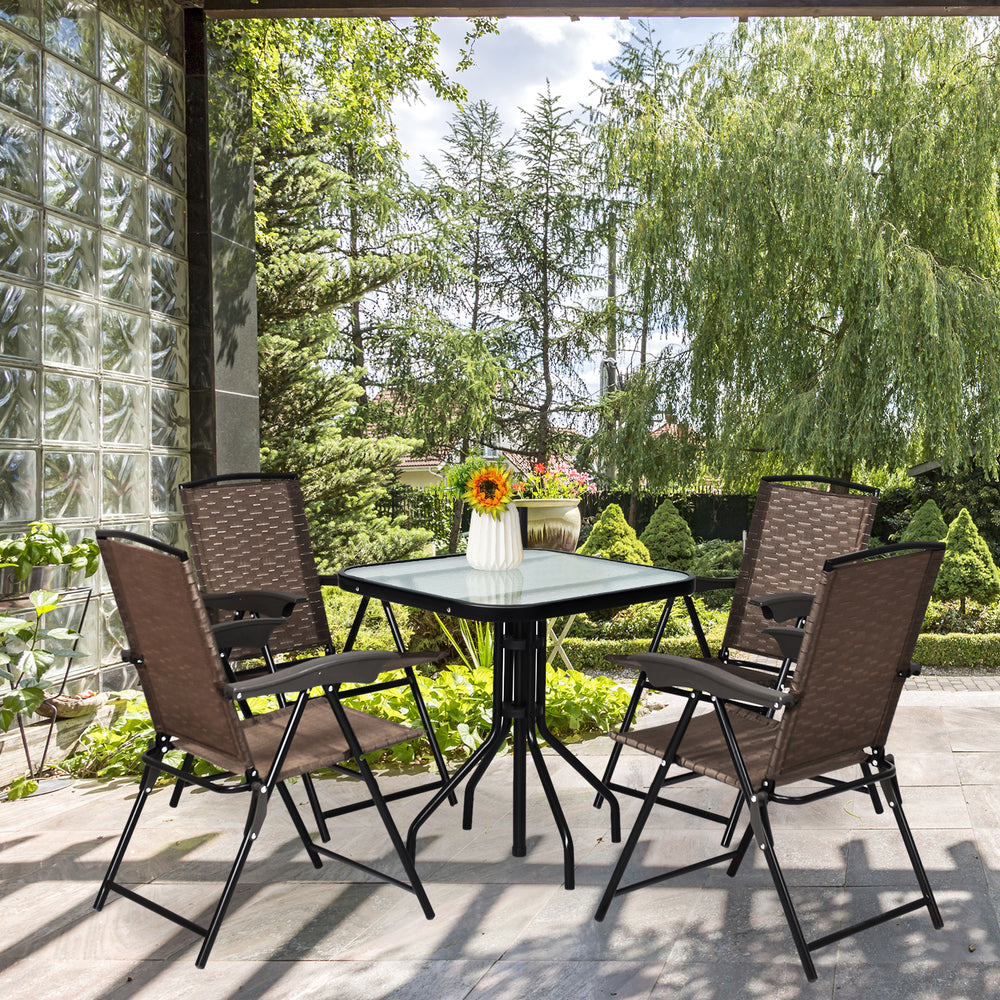 Four folding dining chairs with breathable fabric and adjustable backs, perfect for outdoor relaxation and gatherings.
