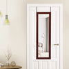 Brown wall-mounted jewelry cabinet with full-size mirror and LED lights, designed for organized storage and.