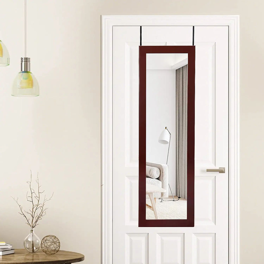 Brown wall-mounted jewelry cabinet with full-size mirror and LED lights, designed for organized storage and.