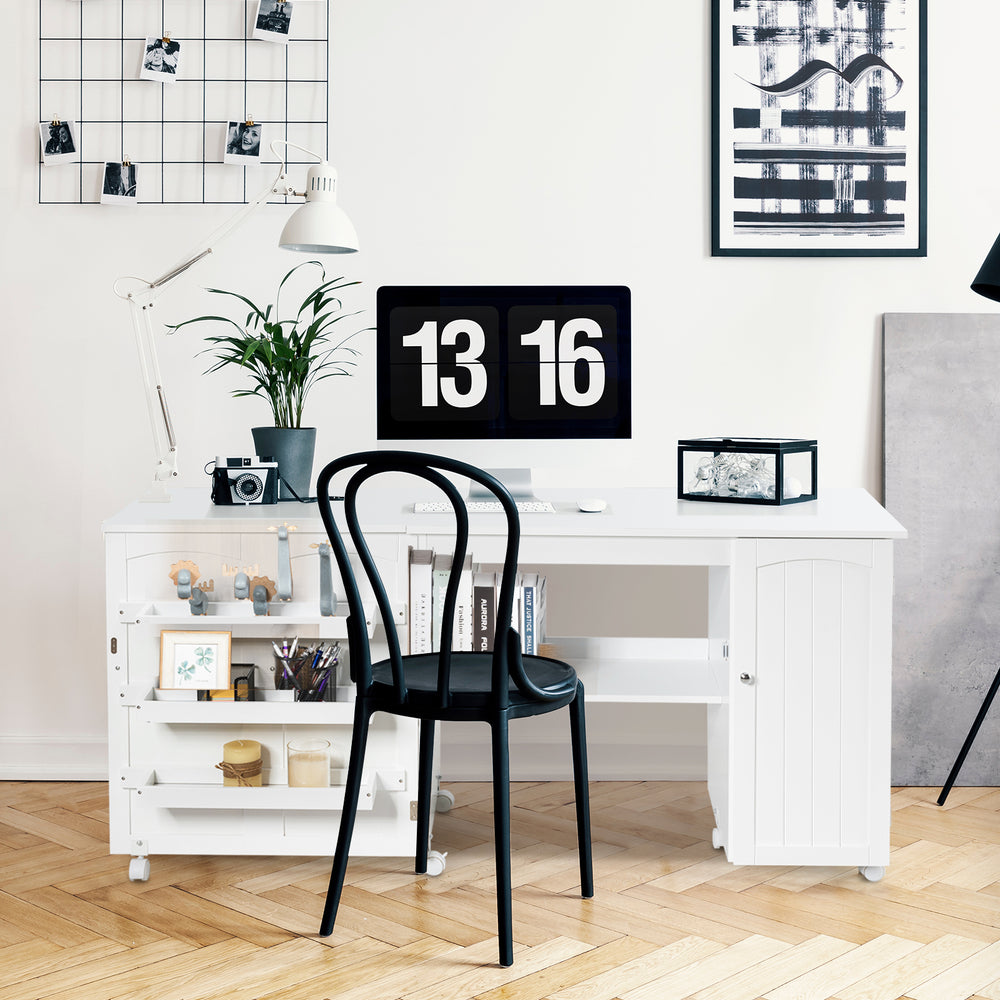 Folding Sewing Table Shelves Storage Cabinet Craft Cart with Wheels-White - Gallery View 1 of 10