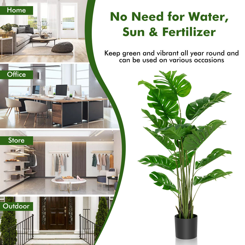 5 feet artificial monstera tree set with 15 large leaves, made of durable PEVA, perfect for indoor and outdoor decor.
