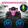 Front view of the pink 12V kids ride-on electric Formula racing car, showcasing its sleek design and illuminated.