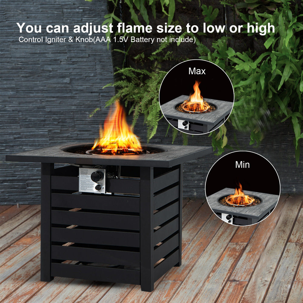 Square propane fire pit table with adjustable flame, lava rocks, and rain cover for outdoor patio and garden use.