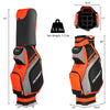 Golf stand bag in orange with 14 way dividers and 7 zippered pockets, designed for easy carrying and storage.