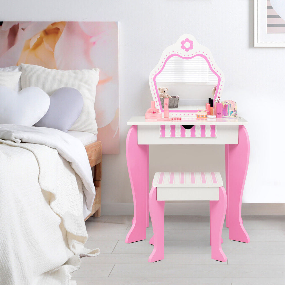 Toddler vanity set with detachable mirror, pink accents, and storage drawer, perfect for children's makeup and playtime.
