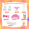 Colorful dollhouse furniture set including chairs, table, lamp, and sofa for imaginative play in a toddler dollhouse.