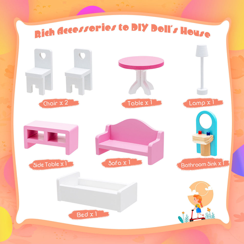 Colorful dollhouse furniture set including chairs, table, lamp, and sofa for imaginative play in a toddler dollhouse.