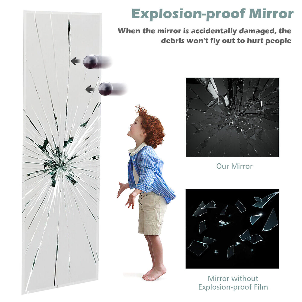 Frameless 43 x 15 inch wall-mounted mirror with explosion-proof film, ideal for safe and stylish home decor.