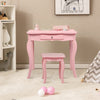 Kids pink makeup vanity table set with tri-folding mirrors and a stool, perfect for organizing cosmetics and playtime.