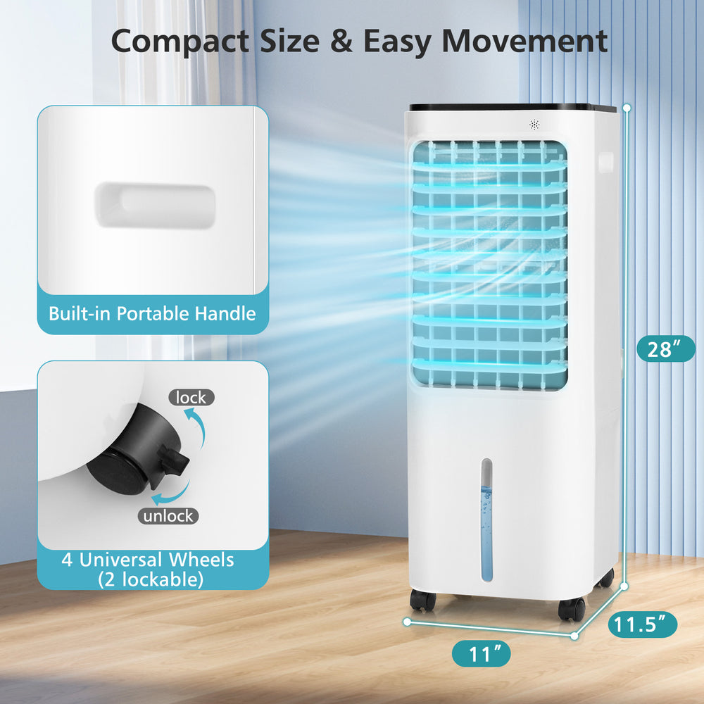 4-in-1 evaporative air cooler in white with 12L tank, remote control, and lockable wheels for easy mobility.