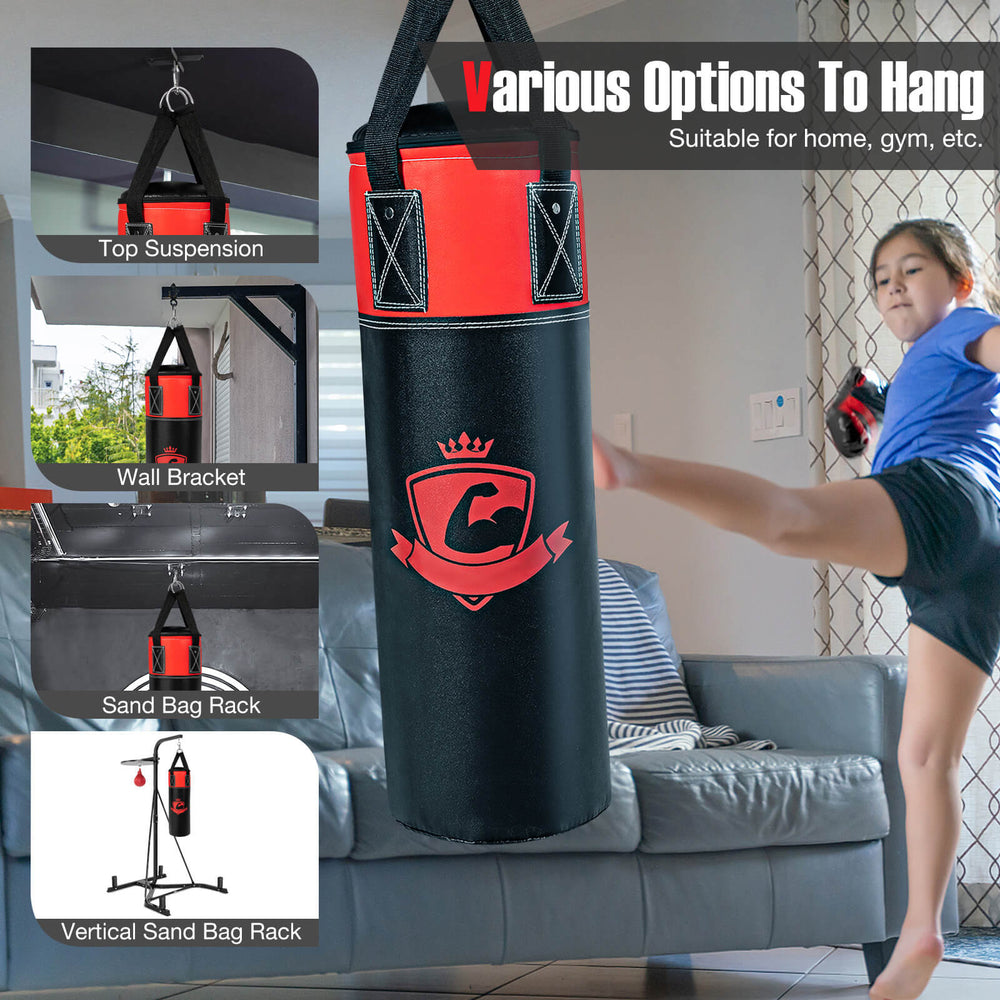 Kids hanging punching bag set in black, featuring durable materials and gloves for safe Karate and Taekwondo training.