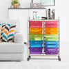 Rolling storage cart with 15 colorful drawers, metal frame, and wheels, ideal for home or office organization.