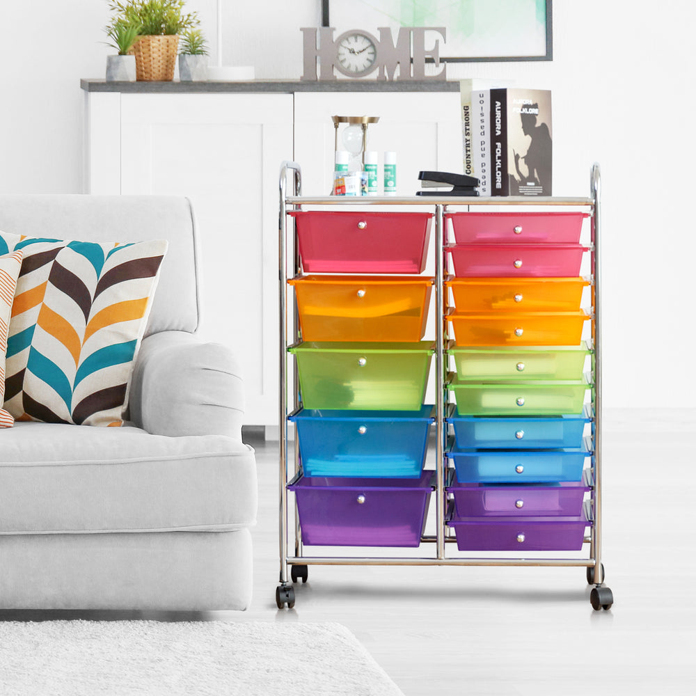 Rolling storage cart with 15 colorful drawers, metal frame, and wheels, ideal for home or office organization.