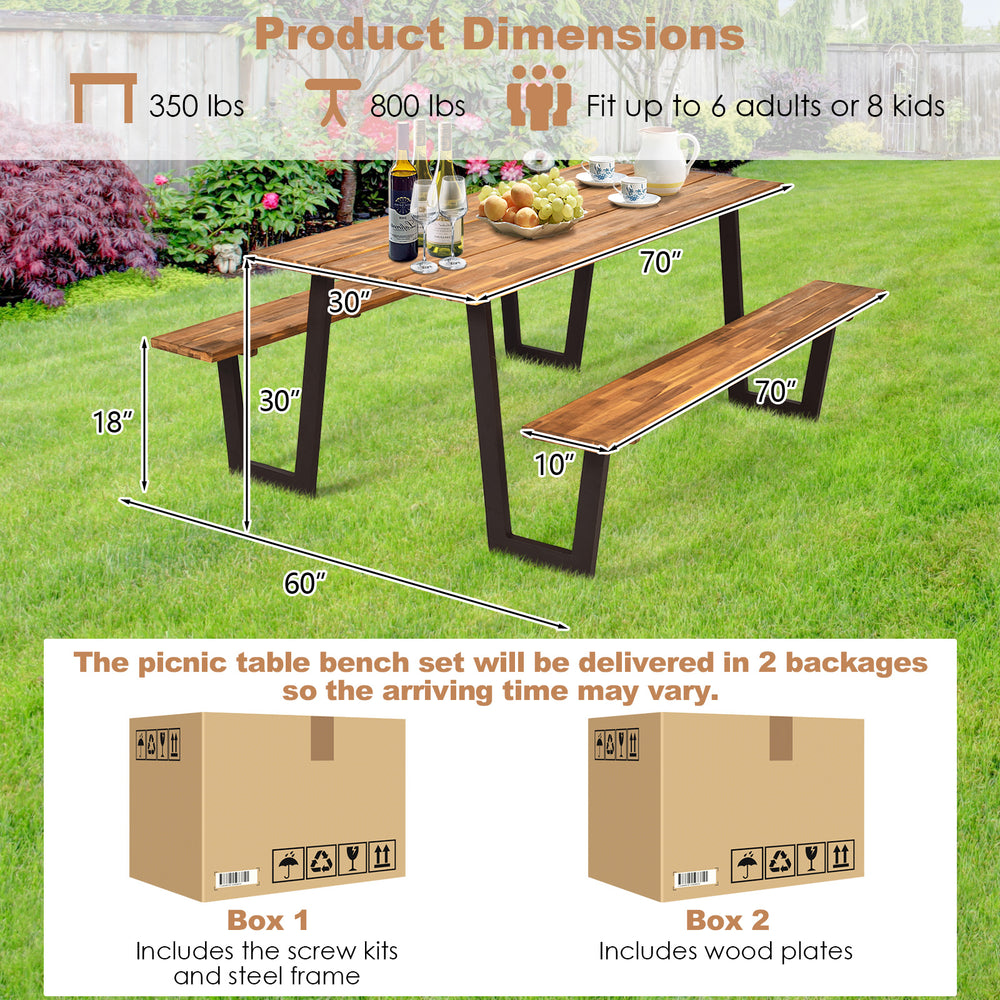 70-inch dining table set with acacia wood and metal frame, featuring umbrella hole, ideal for outdoor use.