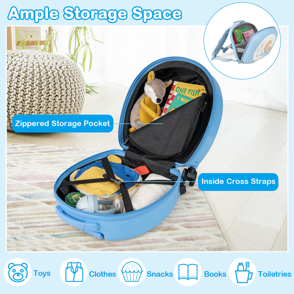 Kids luggage set showing the blue 14" carry-on with ample storage for toys, clothes, and snacks, ideal for travel.