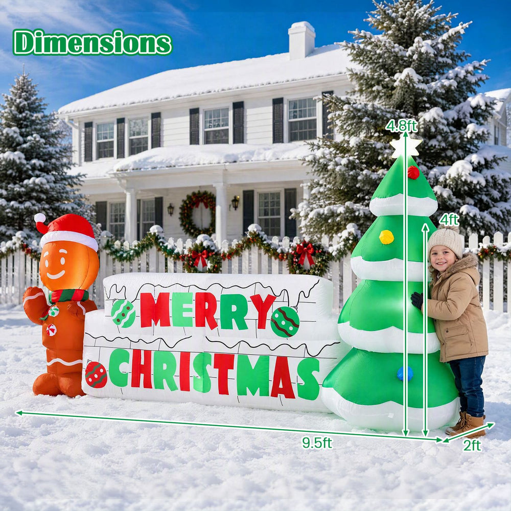 Inflatable 9.5 FT long "Merry Christmas" sign with gingerbread man and tree, ideal for outdoor holiday decoration.