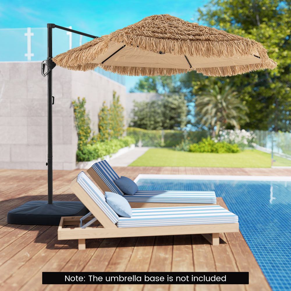 Hawaiian style 9.5 FT cantilever patio umbrella with decorative PE thatch, perfect for poolside relaxation.