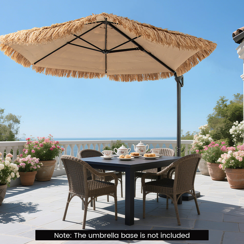 9.5 FT cantilever tiki patio umbrella with decorative PE thatch, providing tropical flair for outdoor dining.