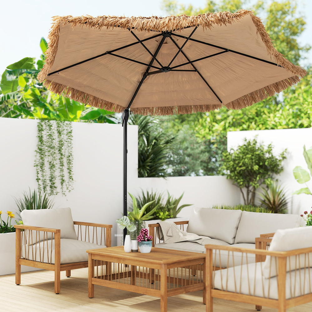 9.5 FT cantilever tiki patio umbrella with decorative PE thatch, providing tropical flair for outdoor seating areas.