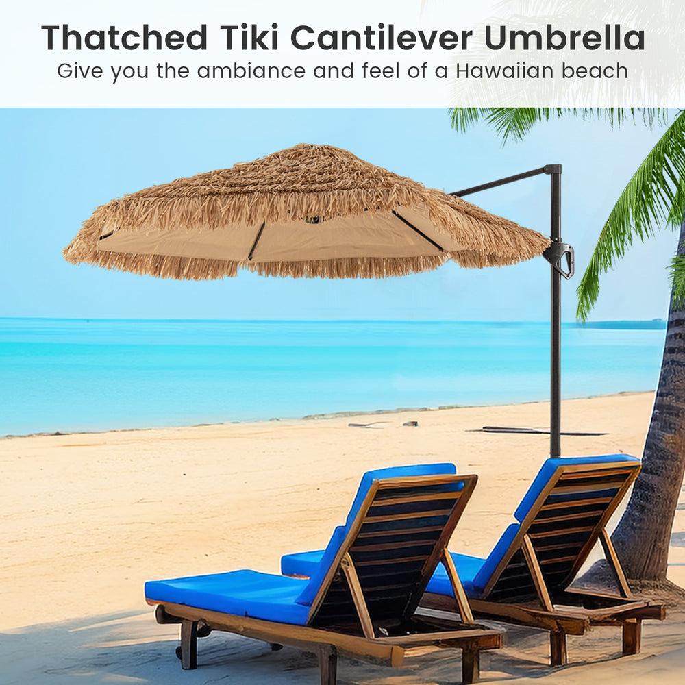 Thatched Tiki cantilever umbrella with polyester canopy, perfect for tropical patio relaxation and sun protection.