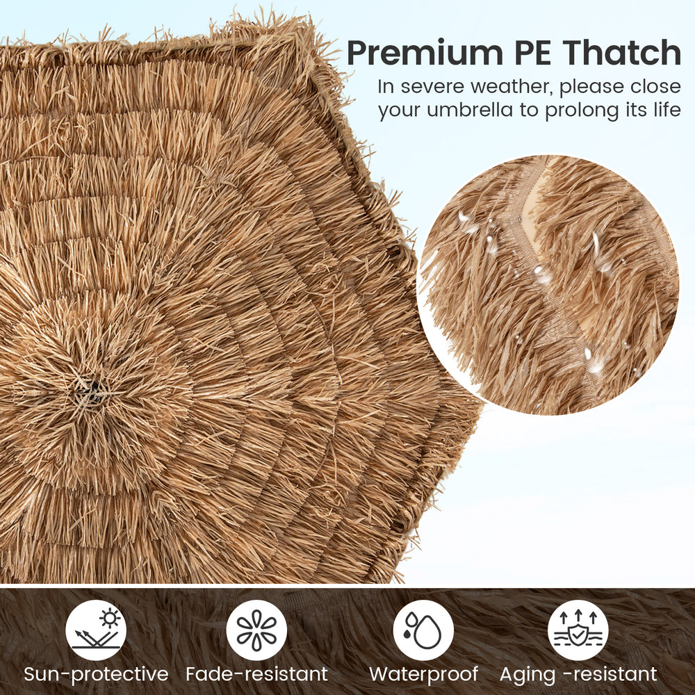 Natural PE thatch top of the 9.5 FT cantilever tiki patio umbrella, sun-protective and waterproof for outdoor use.