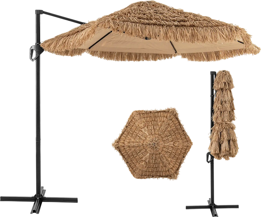9.5 FT cantilever tiki patio umbrella with natural PE thatch, double-tier canopy, and sturdy metal ribs for outdoor use.
