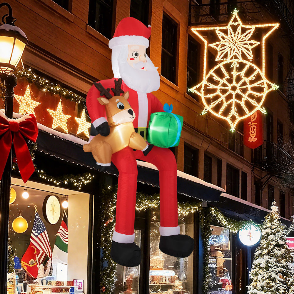 9.5 feet Christmas inflatable Santa with reindeer and gift box, featuring built-in LED lights for outdoor decoration.