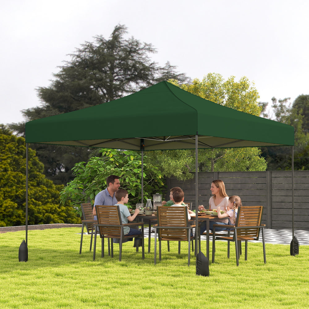 Pop-up canopy tent in green, 9.5 x 9.5 feet, with adjustable heights, ideal for outdoor parties and events.