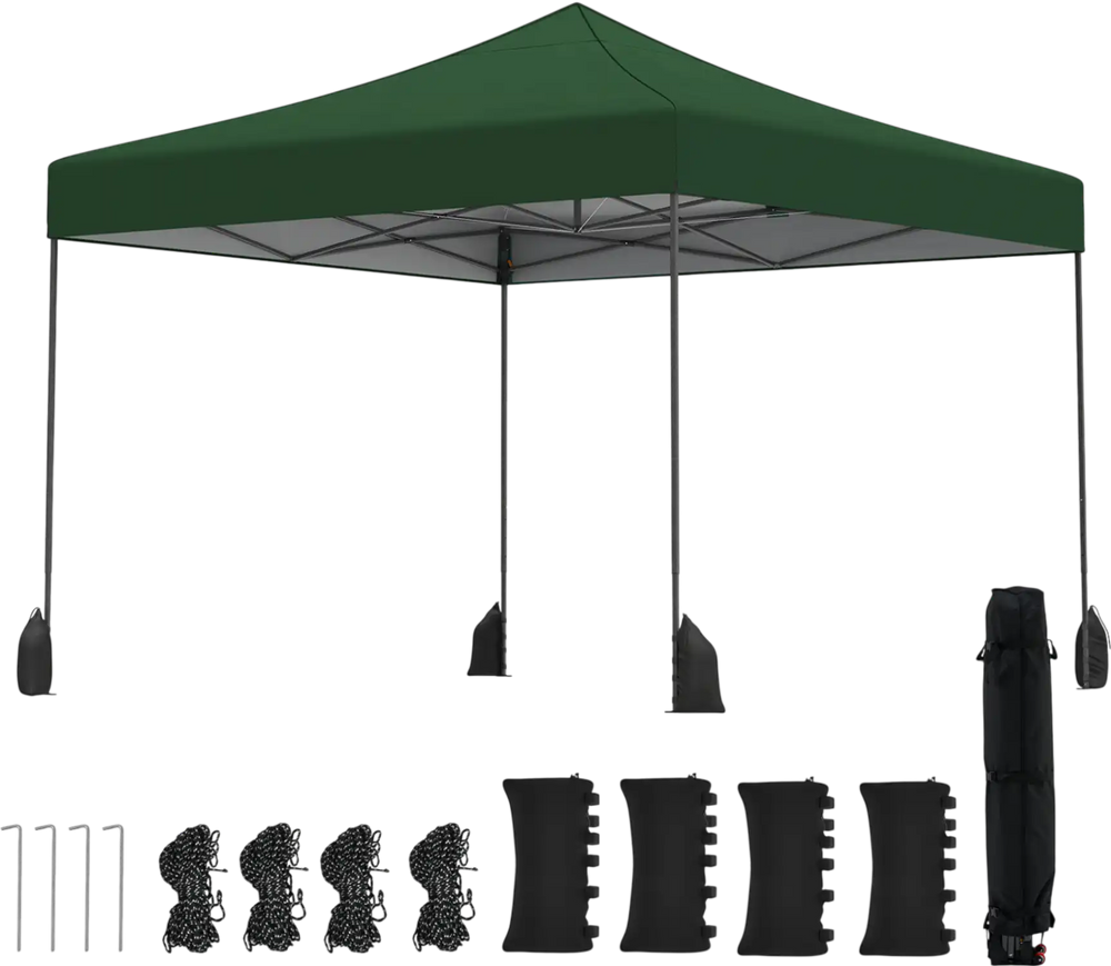 Green 9.5 x 9.5 feet pop-up canopy tent with adjustable heights, durable frame, and included sandbags for stability.