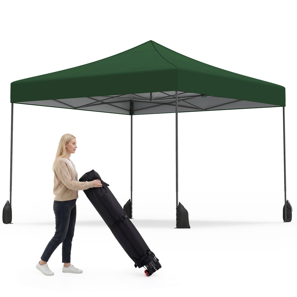 Pop-up canopy tent in green, 9.5 x 9.5 feet, with adjustable heights, ideal for parties and outdoor events.