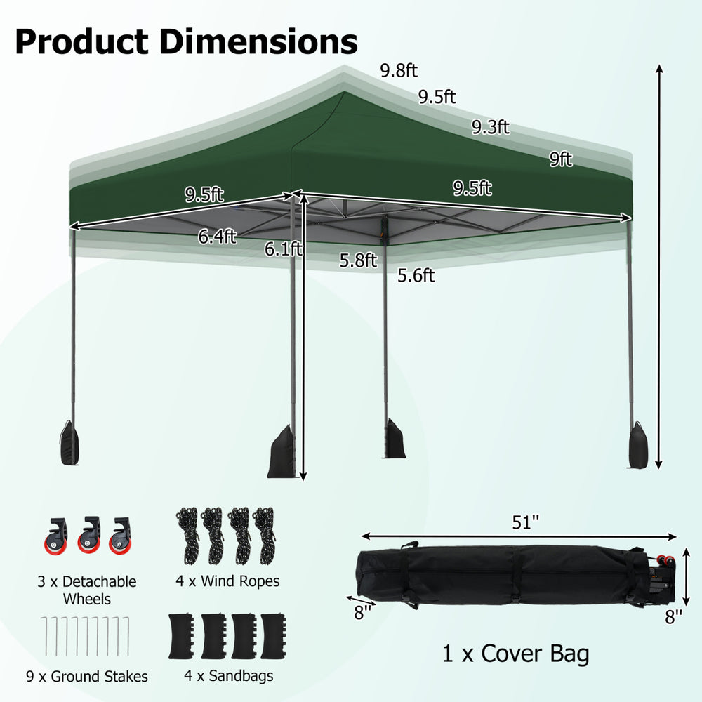 9.5 x 9.5 feet green pop-up canopy tent with adjustable heights, featuring a heavy-duty frame and easy transport wheels.