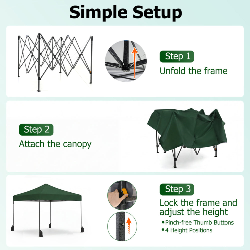 Pop up canopy tent in green, 9.5 x 9.5 feet, featuring adjustable heights and easy setup for outdoor events.
