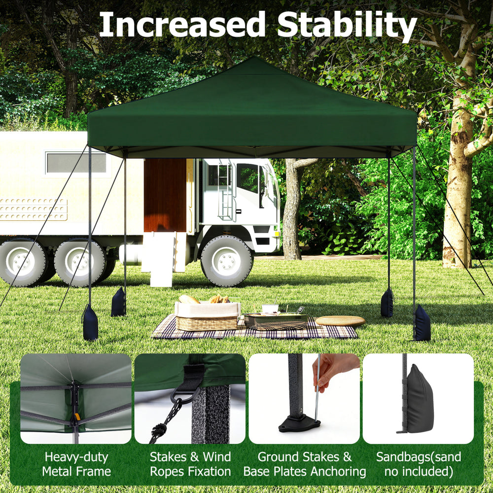 Green 9.5 x 9.5 feet pop-up canopy tent with heavy-duty frame and adjustable heights, ideal for outdoor events.