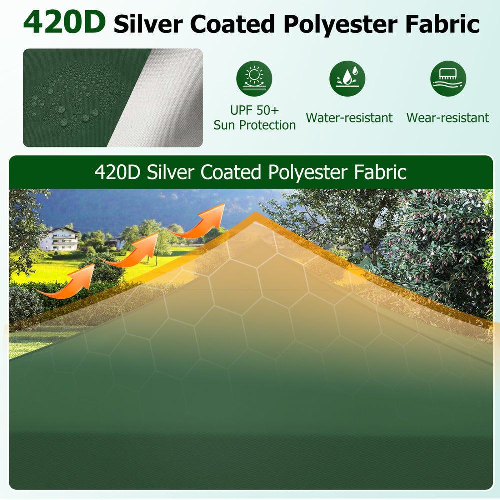 Close-up of 420D silver coated polyester fabric showcasing water and wear resistance, ideal for a green pop-up canopy.