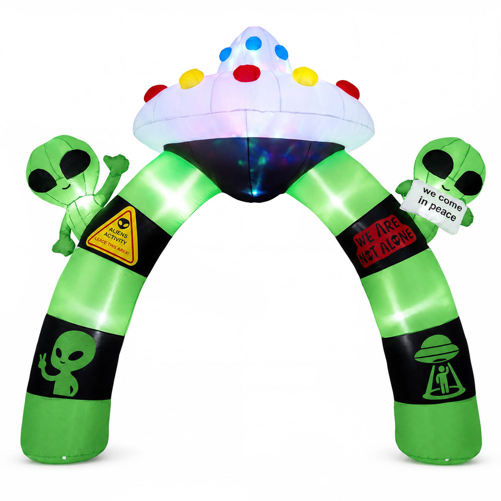 Colorful 9.8 FT inflatable alien archway with lights, featuring aliens and a UFO, perfect for Halloween outdoor decorations.