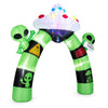 Colorful 9.8 FT Alien Halloween inflatable archway with lights, featuring waving aliens and a UFO, ideal for outdoor decoration.