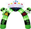Colorful 9.8 FT Alien Halloween inflatable archway features waving aliens and a UFO, perfect for outdoor decorations.