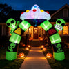 Colorful 9.8 FT Alien Halloween inflatable archway with lights, featuring aliens and UFO, perfect for outdoor decorations.