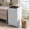 Compact gray 9.93 lbs full automatic washing machine with recessed handles and a honey-comb stainless steel tub for easy portability.
