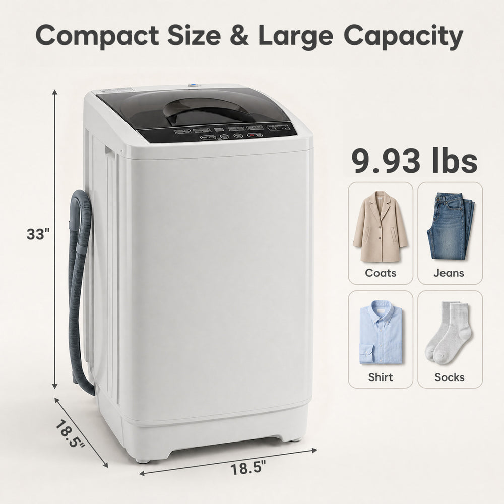 Compact 9.93 lbs full automatic washing machine in gray with stainless steel tub and 8 preset programs for versatile laundry needs.