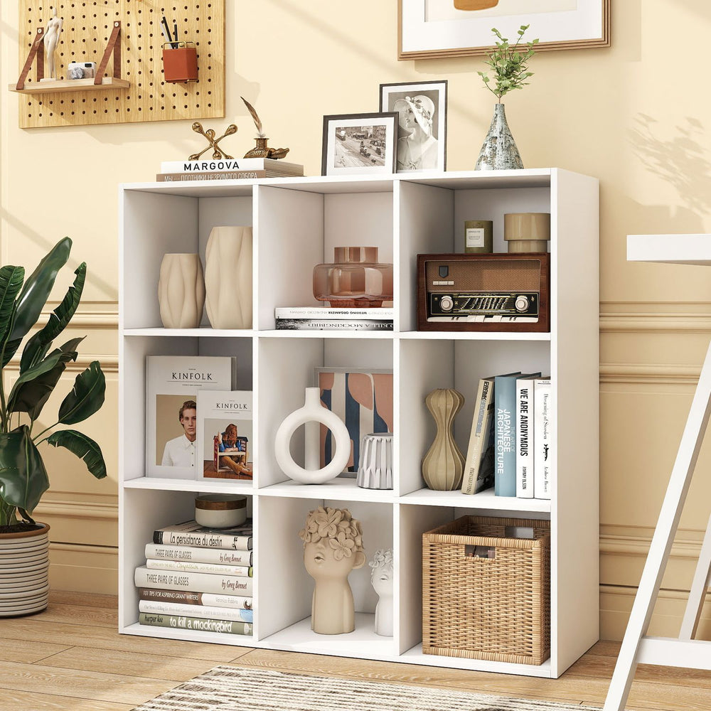 Stylish 9-cube bookcase in white featuring open storage for easy access to books, plants, and decorative items.