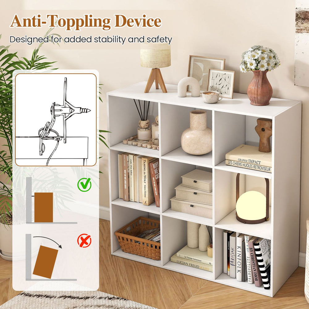 9-cube wooden bookshelf in white with tool-free assembly and anti-tipping device for added stability and safety.
