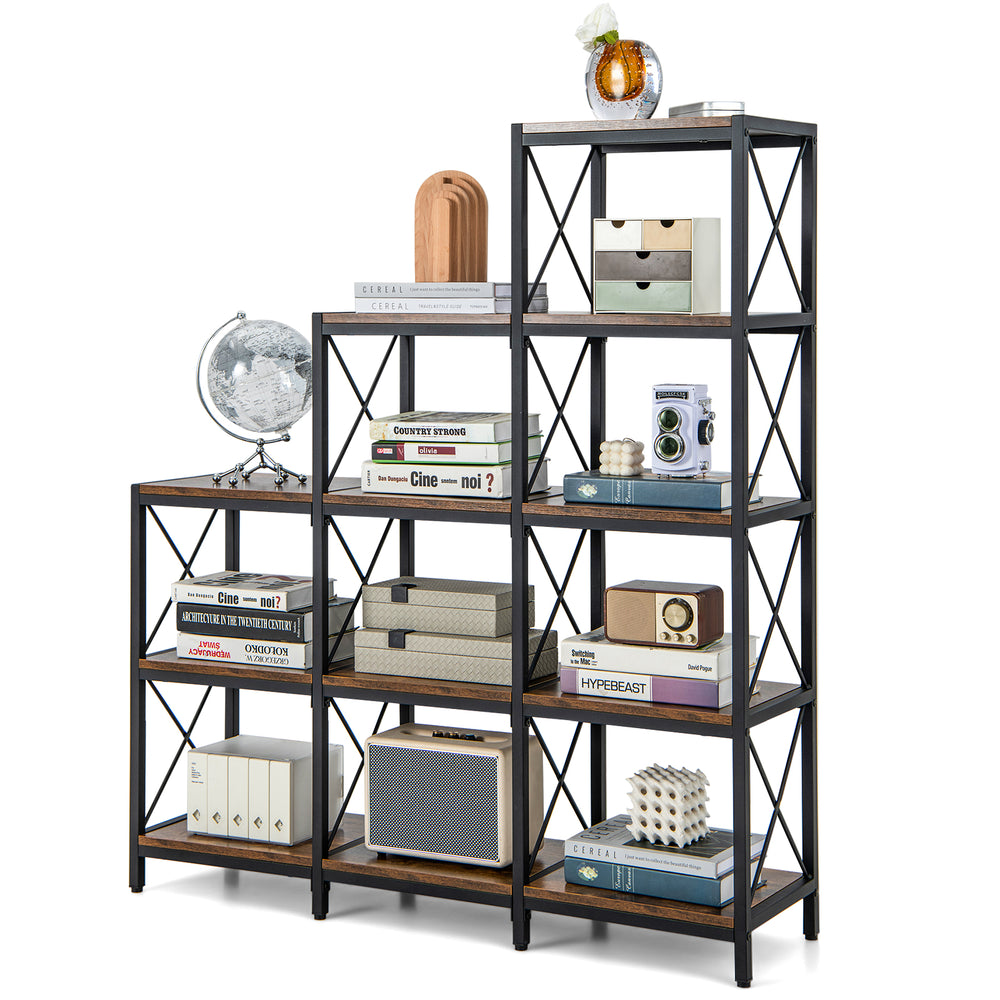 9 cubes bookcase in rustic brown with carbon steel frame, featuring 12 shelves for organizing books and decor.