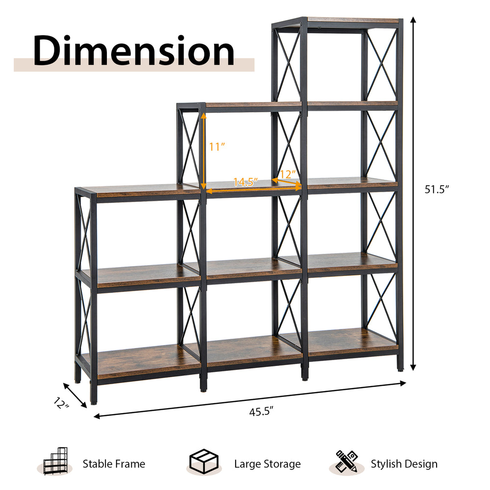 9 cubes bookcase in rustic brown with carbon steel frame, featuring 12 shelves for stylish home office storage.