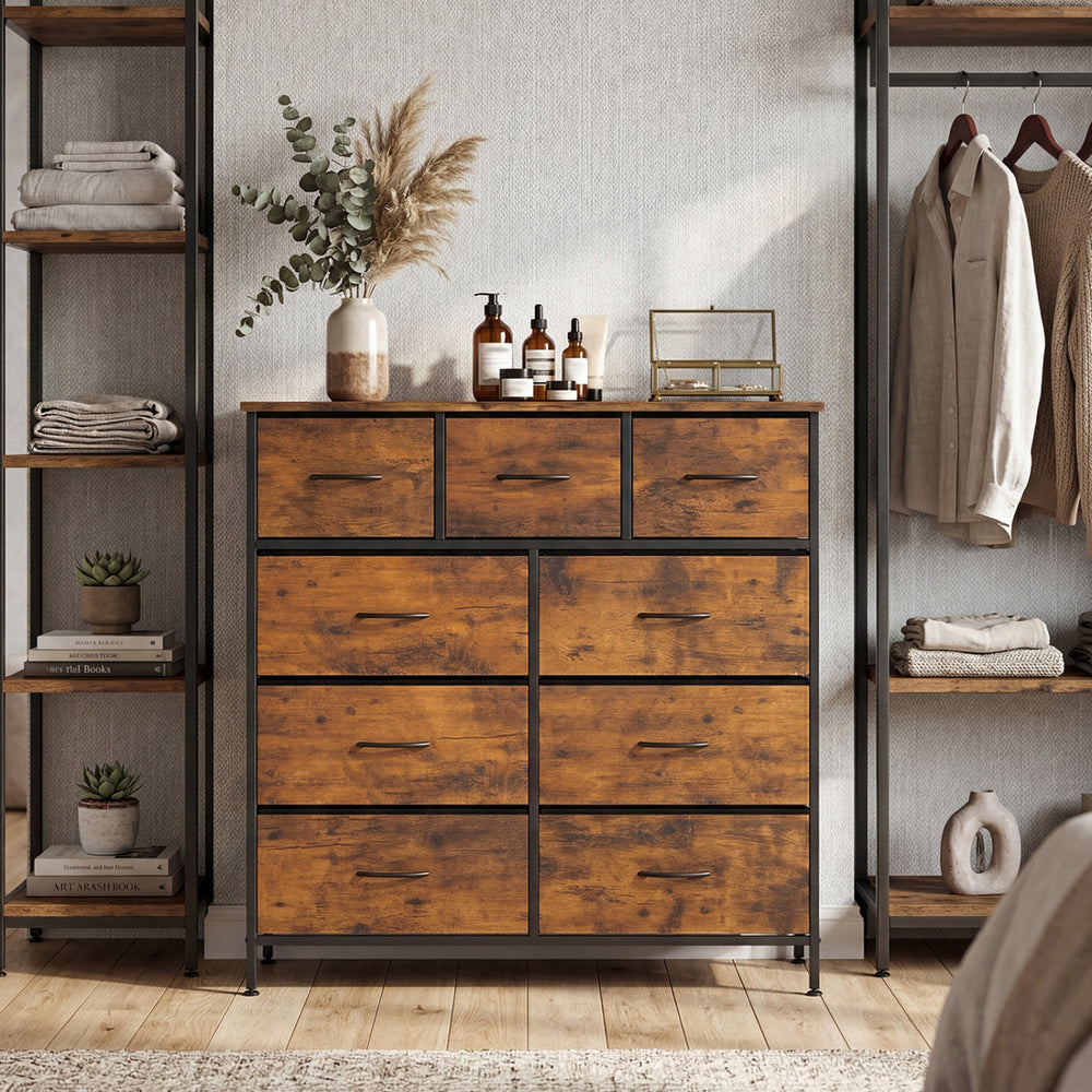 9-drawer fabric dresser with a rustic brown wooden top, perfect for stylish bedroom storage and organization.