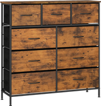9-drawer fabric dresser with rustic brown finish and wooden top, ideal for bedroom storage and organization.
